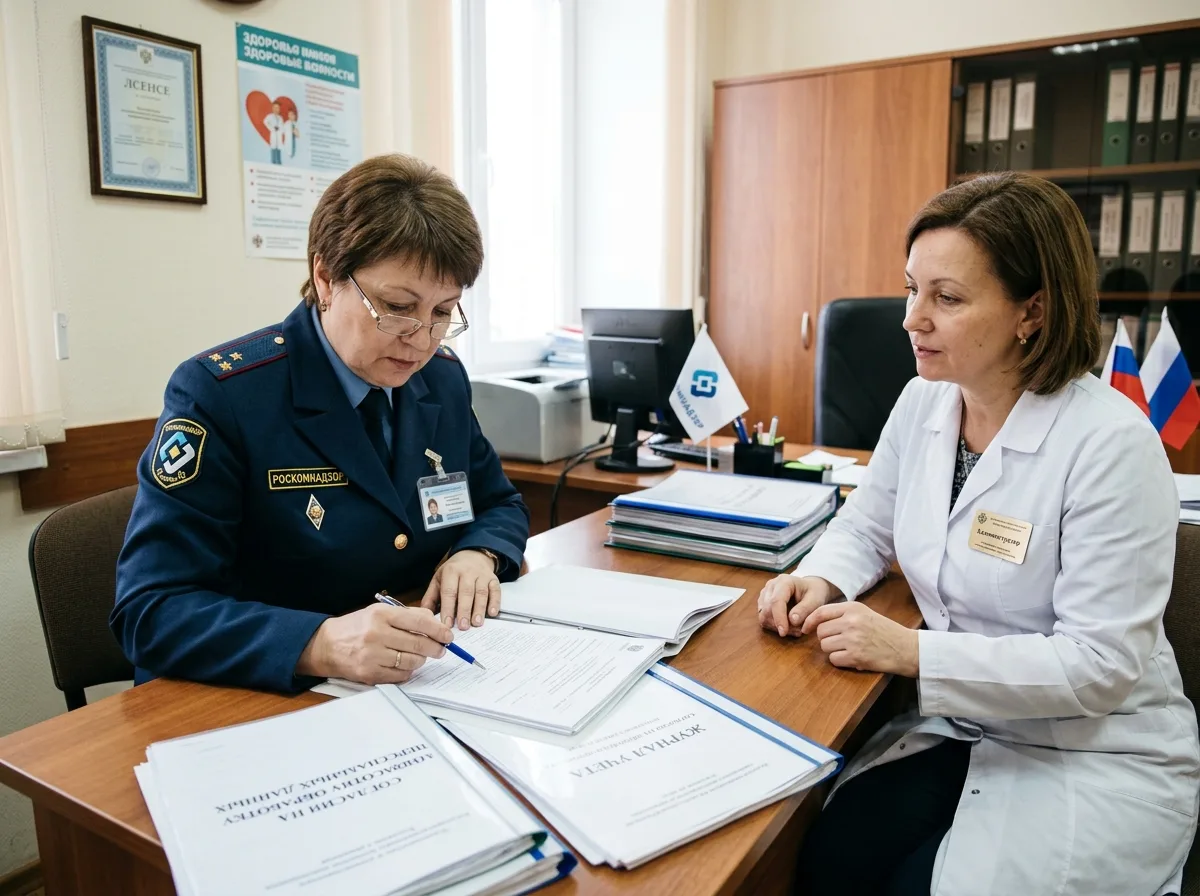 Проверка Роскомнадзора медицинской организации — инспектор изучает документы по защите персональных данных пациентов