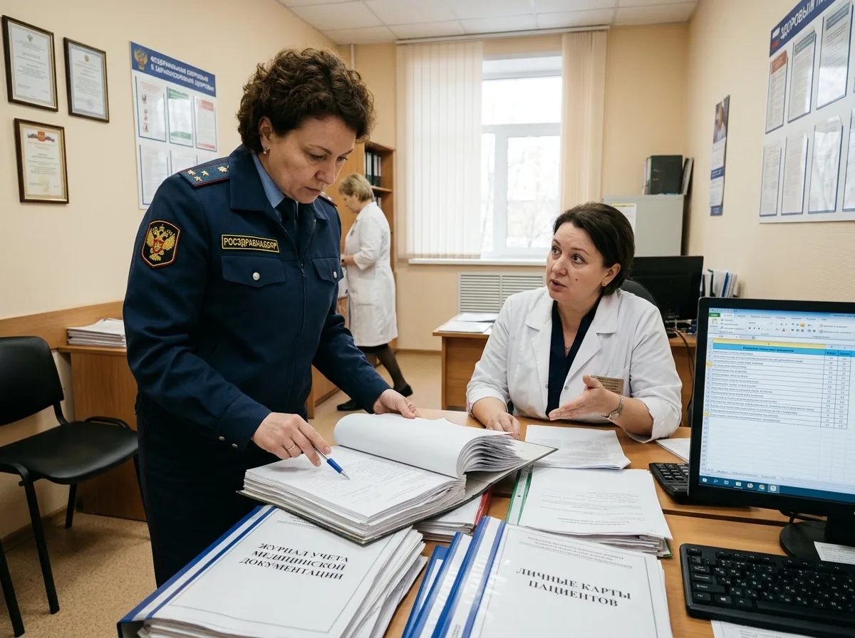 Инспектор Росздравнадзора проводит проверку медицинской документации в клинике