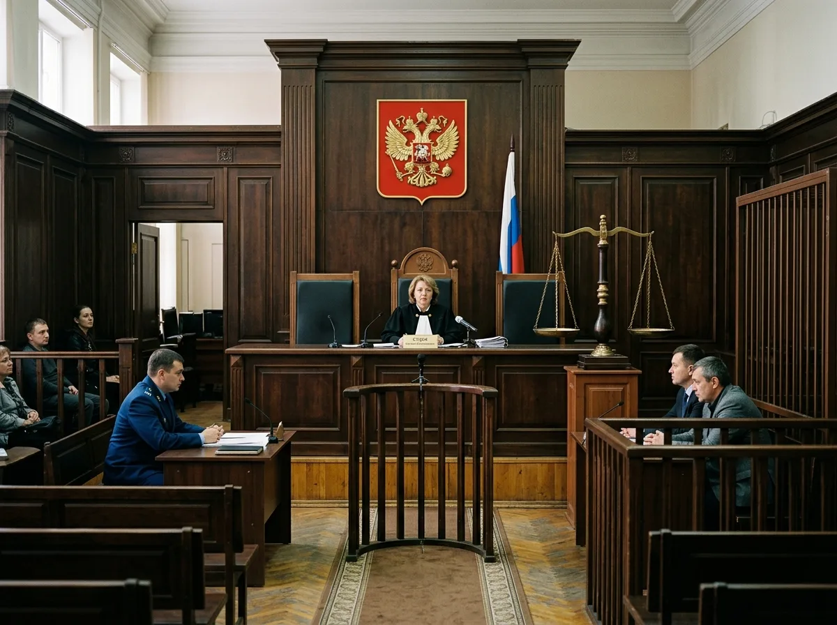 Зал российского суда общей юрисдикции, деревянные панели, судейский стол, весы правосудия