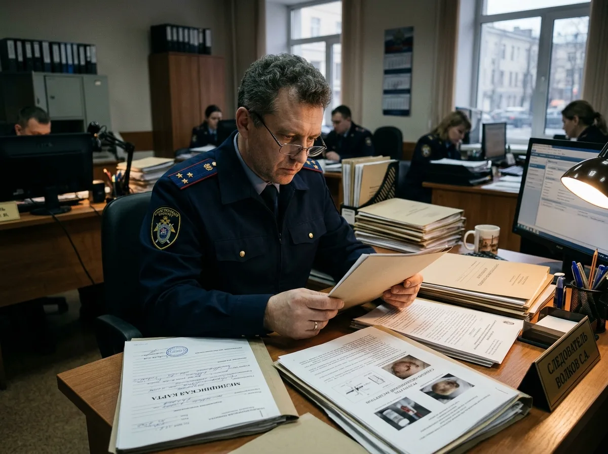 Следователь СК изучает медицинскую карту пациента и результаты судебно-медицинской экспертизы на рабочем столе